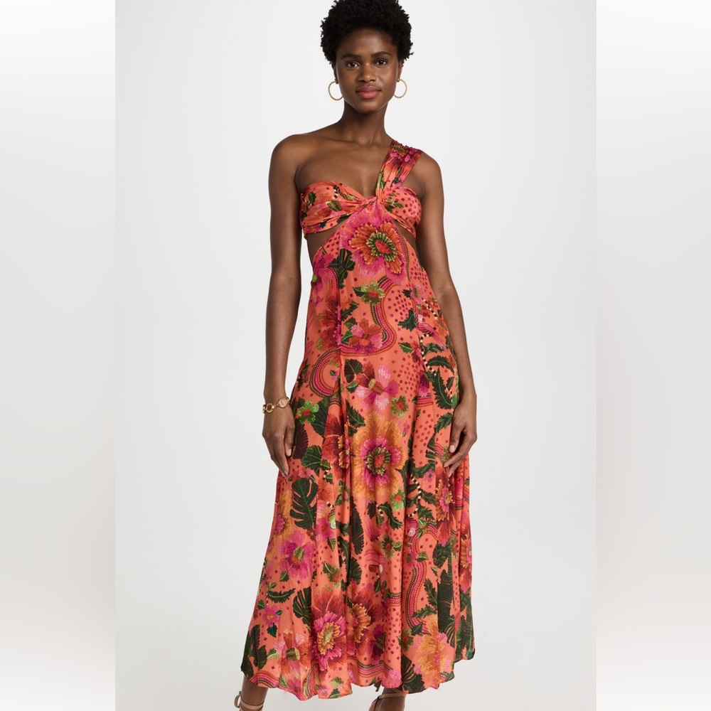 Farm Rio Orange and Pink Asymmetrical One-Shoulder Sundress